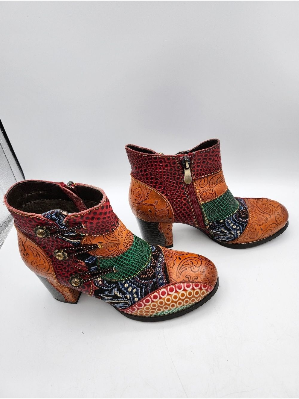 Socofy Leather Multicolor Patchwork Embossed Ankle Booties Colorful 3" Heel - Picture 3 of 9